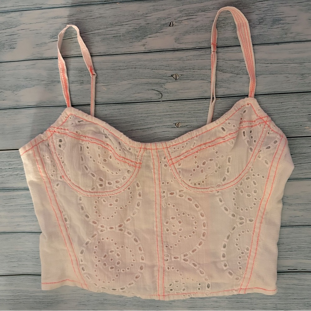 Free People White Eyelet Crop Top Neon Orange Embroidery | FP Intimately Sz:M